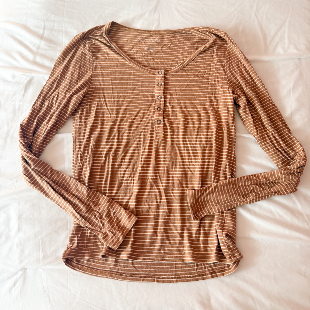 American Eagle Soft & Sexy Light Brown Striped Henley Long Sleeve Top Size Small